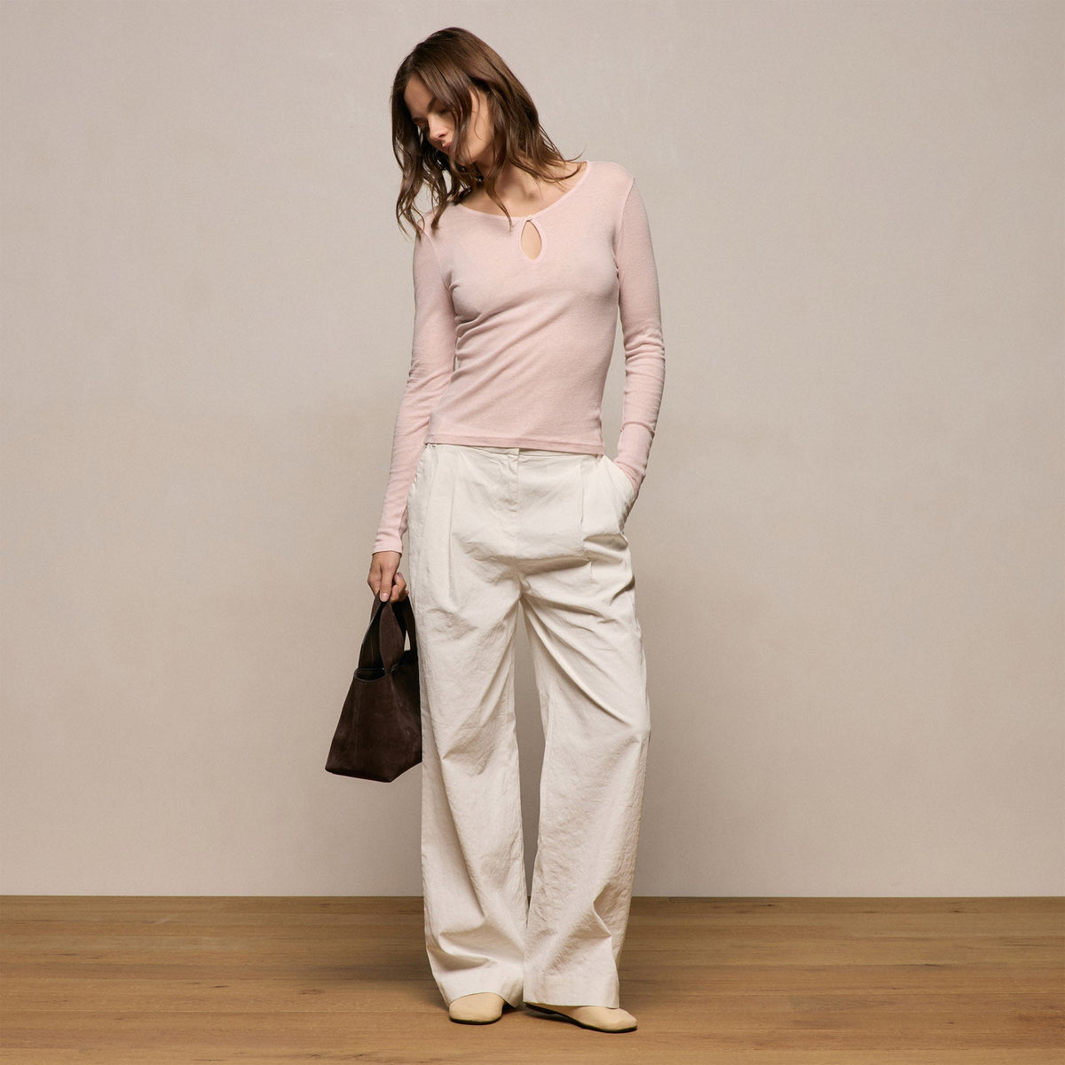Cotton Cashmere Rib Keyhole Top in Rose Quartz | James Perse Los Angeles