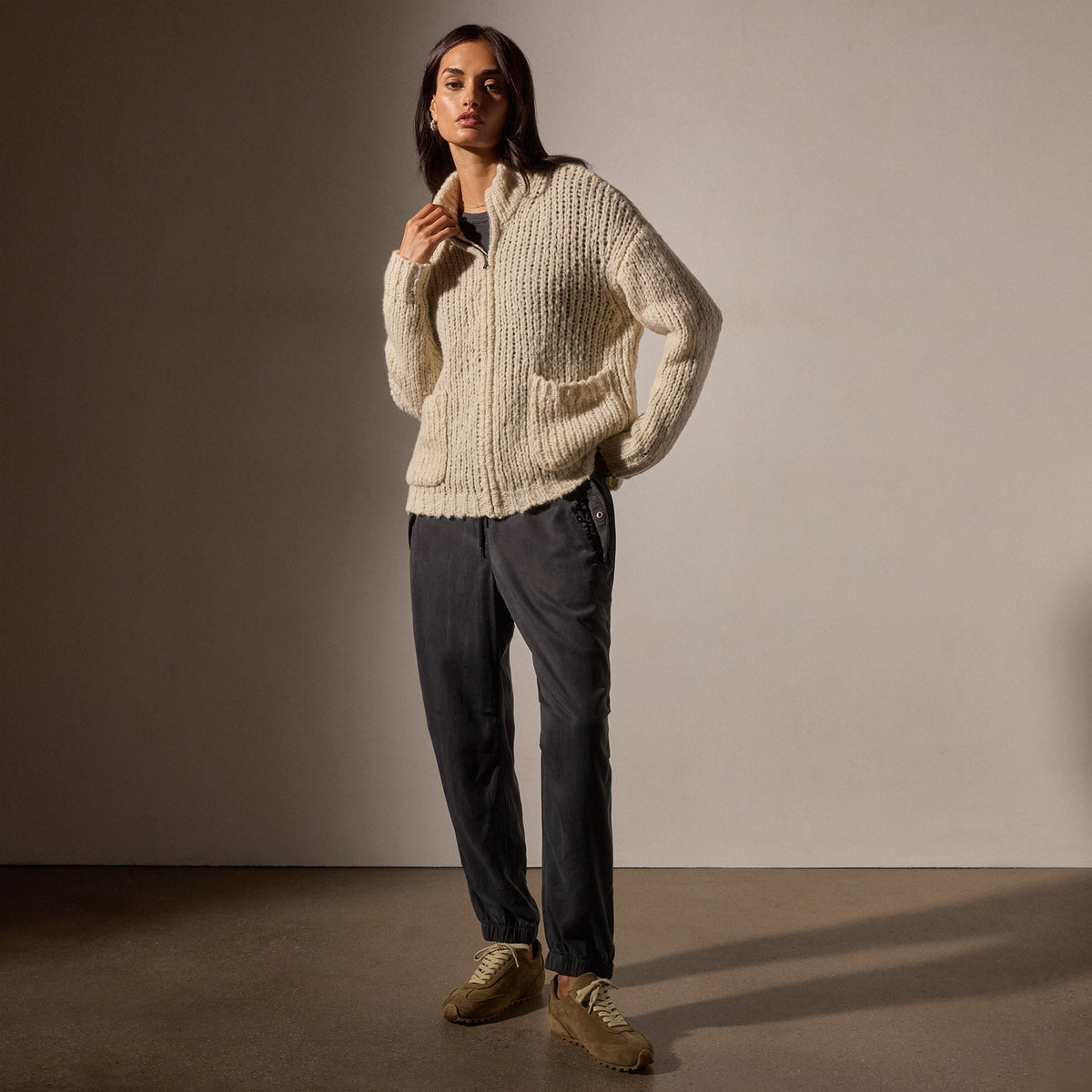 Cashmere Silk Zip Cardigan in Biscotti | James Perse Los Angeles