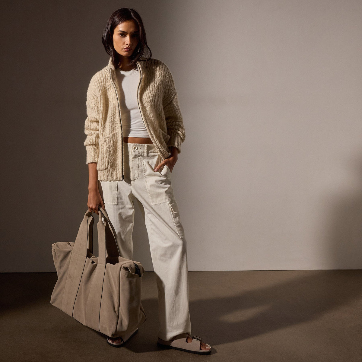 Cashmere Silk Zip Cardigan in Biscotti | James Perse Los Angeles
