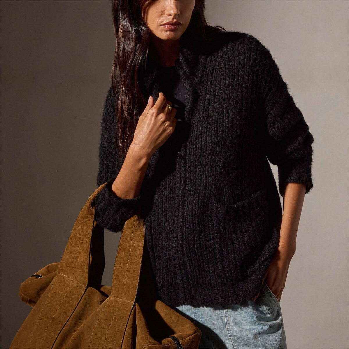 Cashmere Silk Zip Cardigan in Black | James Perse Los Angeles