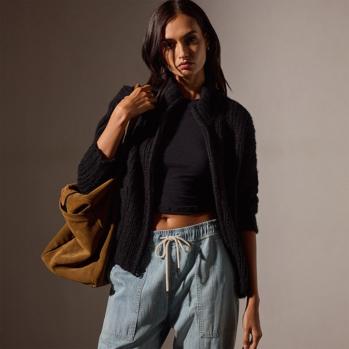 Cashmere Silk Zip Cardigan in Black | James Perse Los Angeles