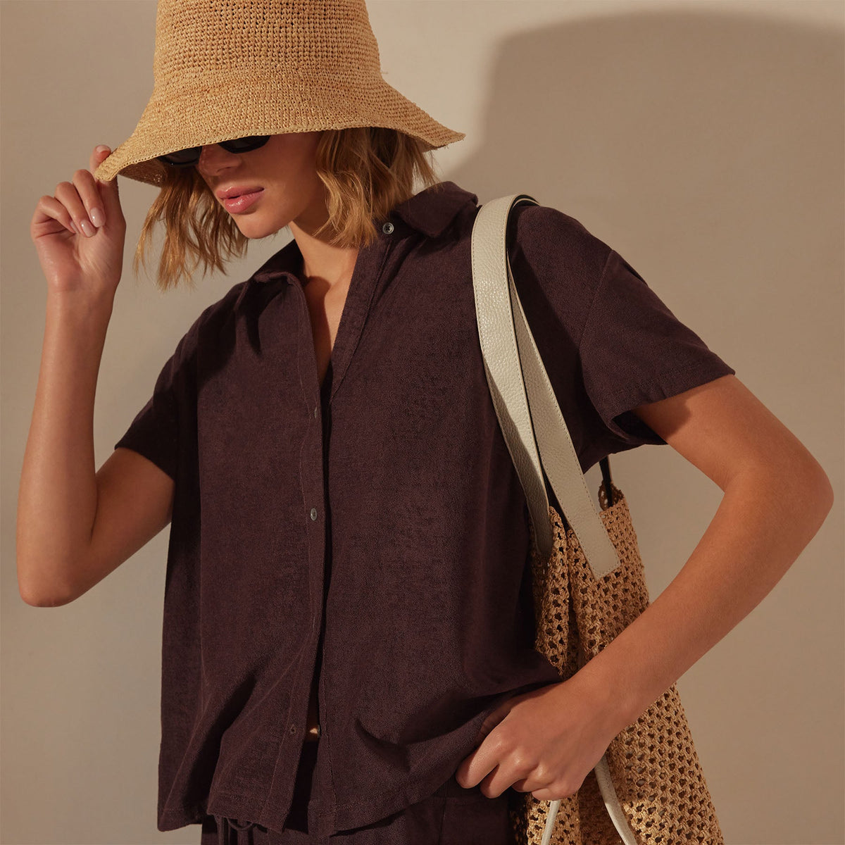 Cotton Terry Placket Short Sleeve in Mahogany | James Perse Los Angeles