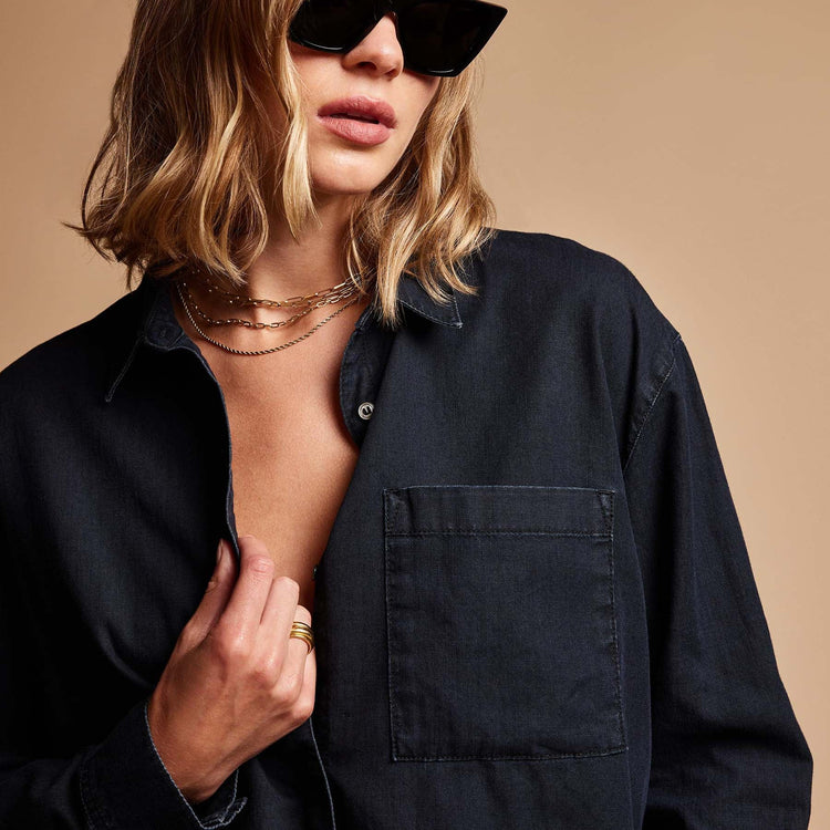 Cropped Boxy Denim Shirt in Blue Black | James Perse Los Angeles