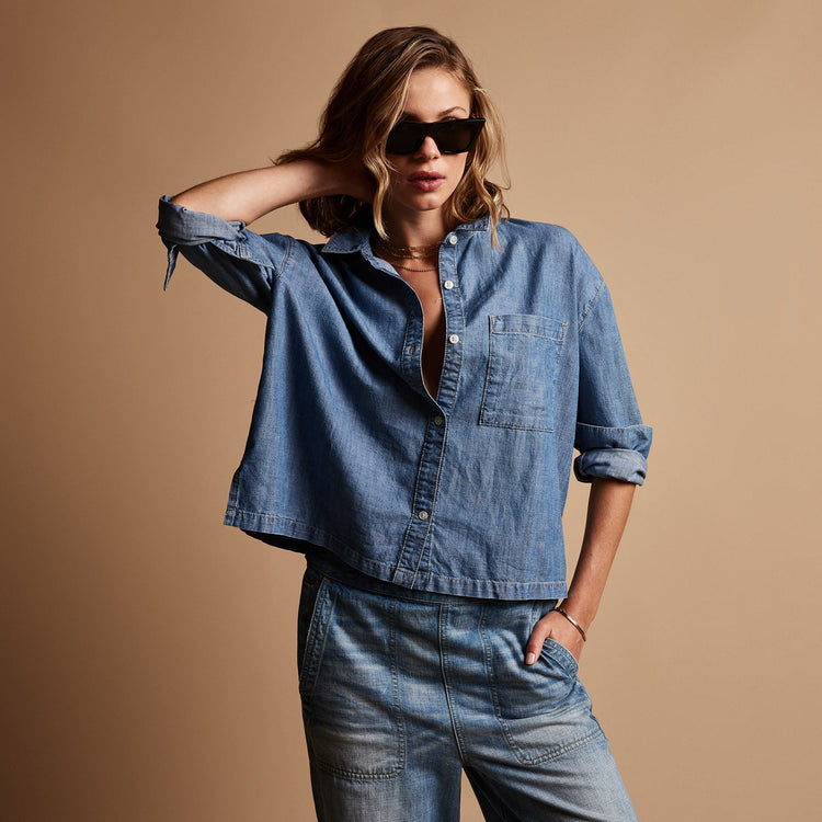 Cropped Boxy Denim Shirt in Light Wash | James Perse Los Angeles