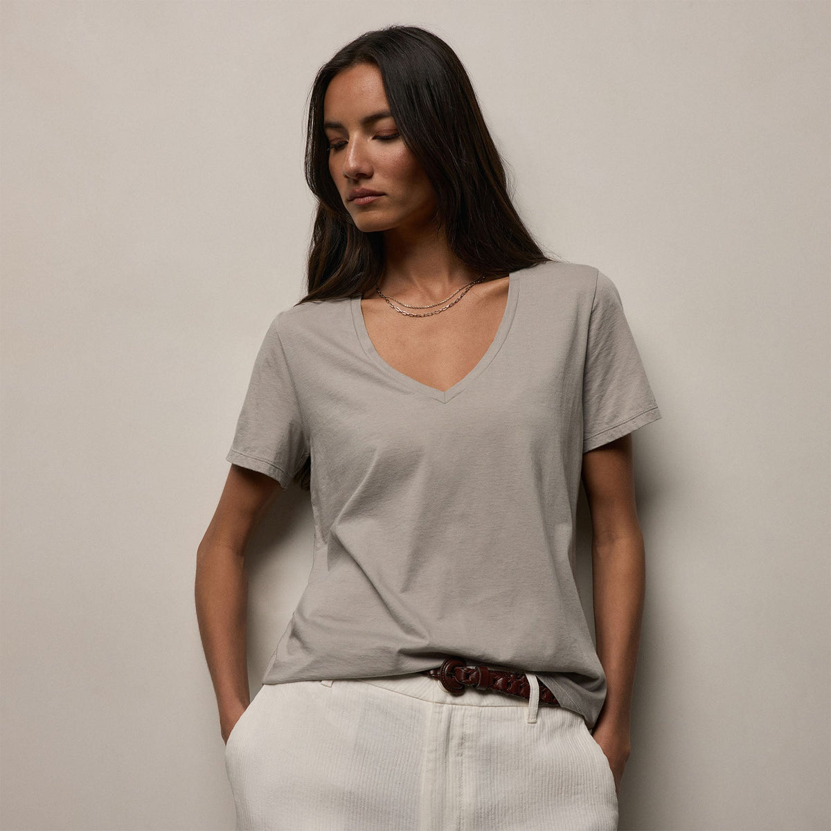 Luxe Lotus Jersey V Neck in Fog | James Perse Los Angeles