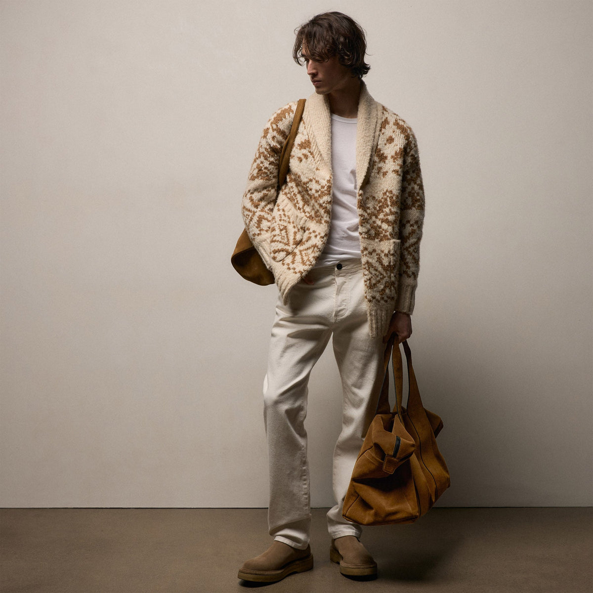 Chalet Intarsia Cardigan In Ivory/Whiskey | James Perse Los Angeles / Mens