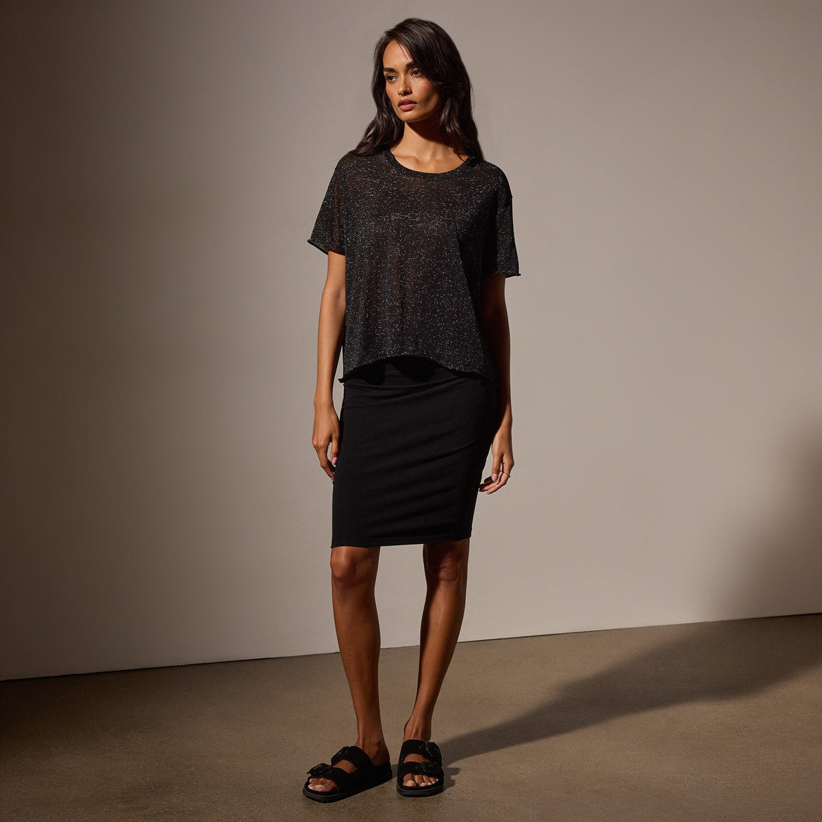 Metallic Knit Short Sleeve Crew in Black | James Perse Los Angeles