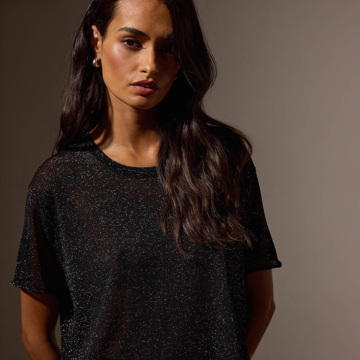 Metallic Knit Short Sleeve Crew in Black | James Perse Los Angeles