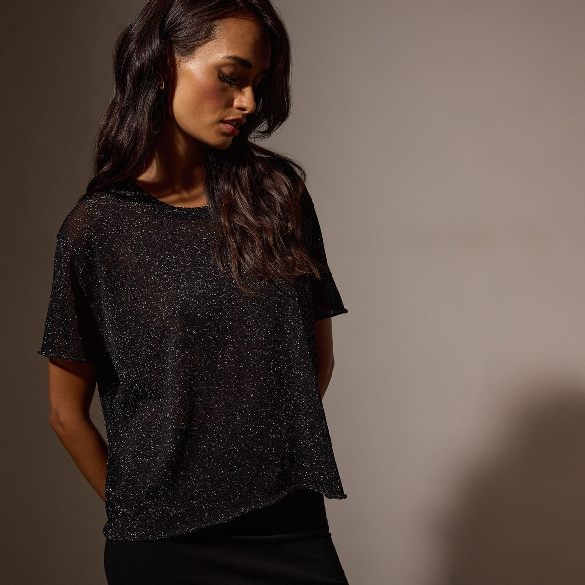 Metallic Knit Short Sleeve Crew in Black | James Perse Los Angeles