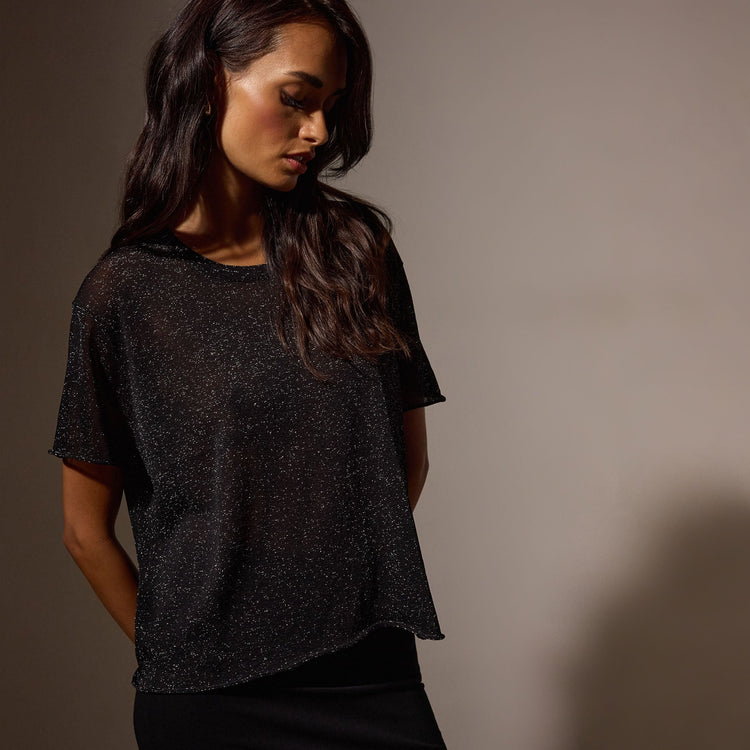 Metallic Knit Short Sleeve Crew in Black | James Perse Los Angeles
