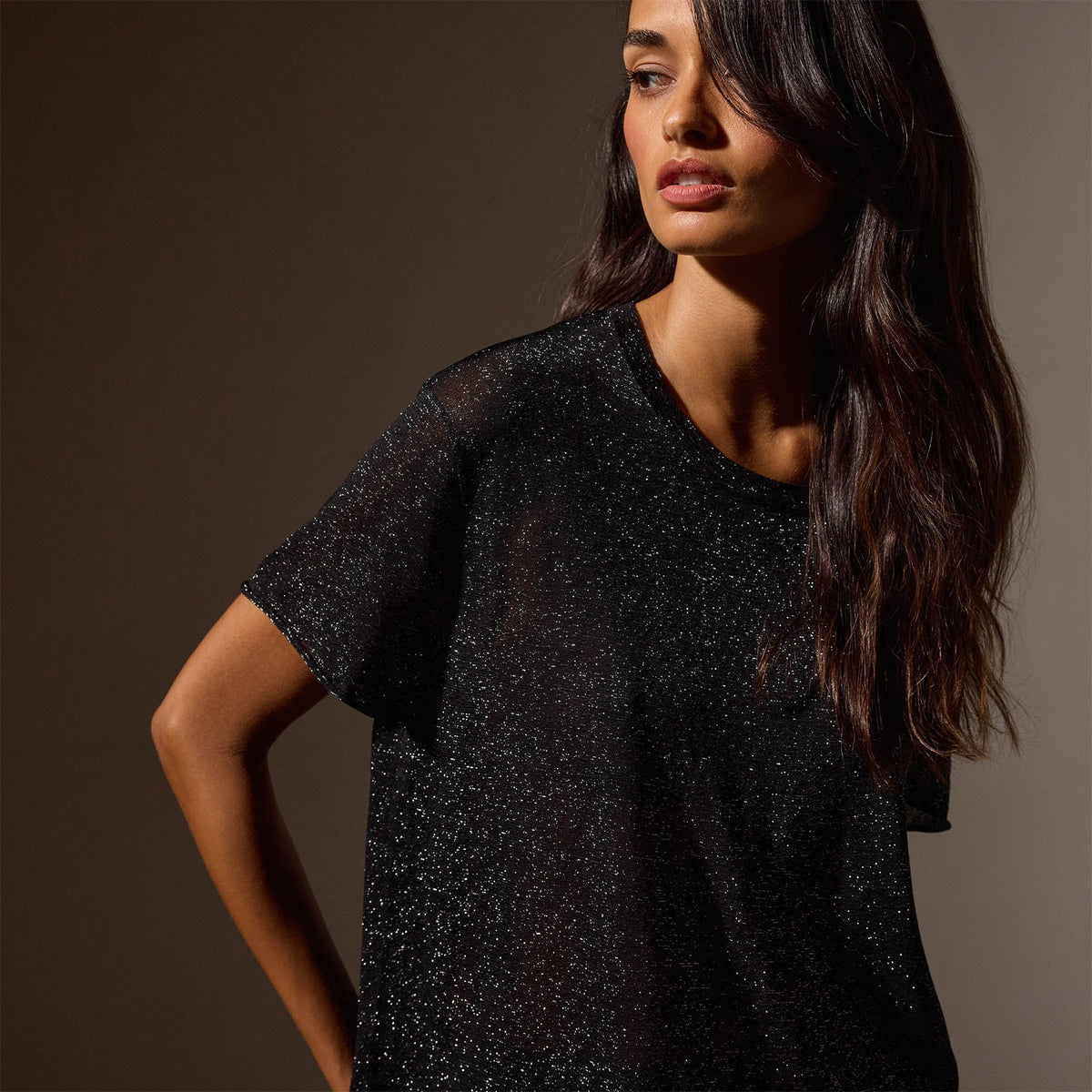 Metallic Knit Short Sleeve Crew in Black | James Perse Los Angeles