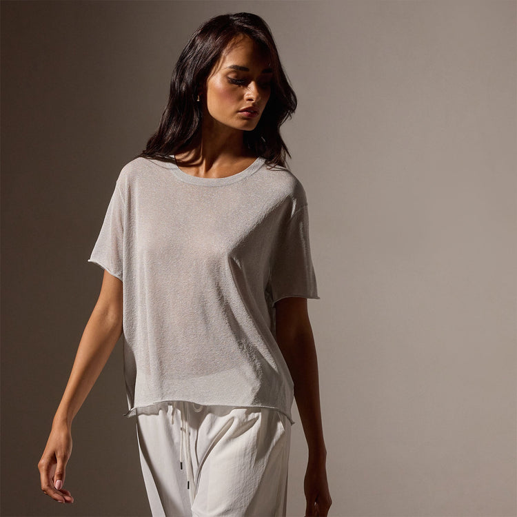 Metallic Knit Short Sleeve Crew in Silver | James Perse Los Angeles