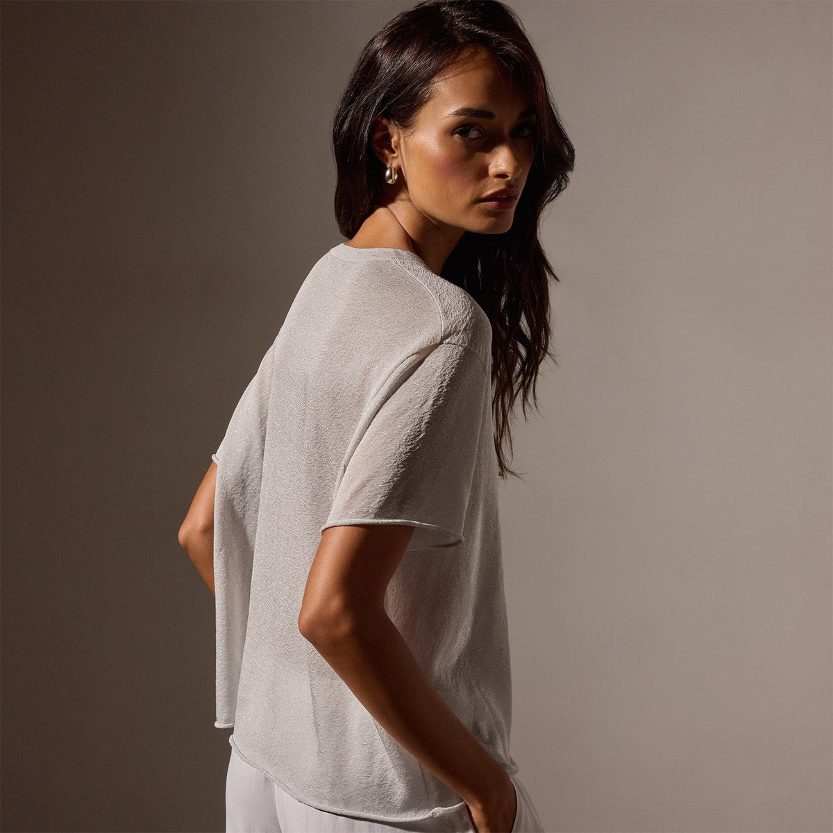 Metallic Knit Short Sleeve Crew in Silver | James Perse Los Angeles