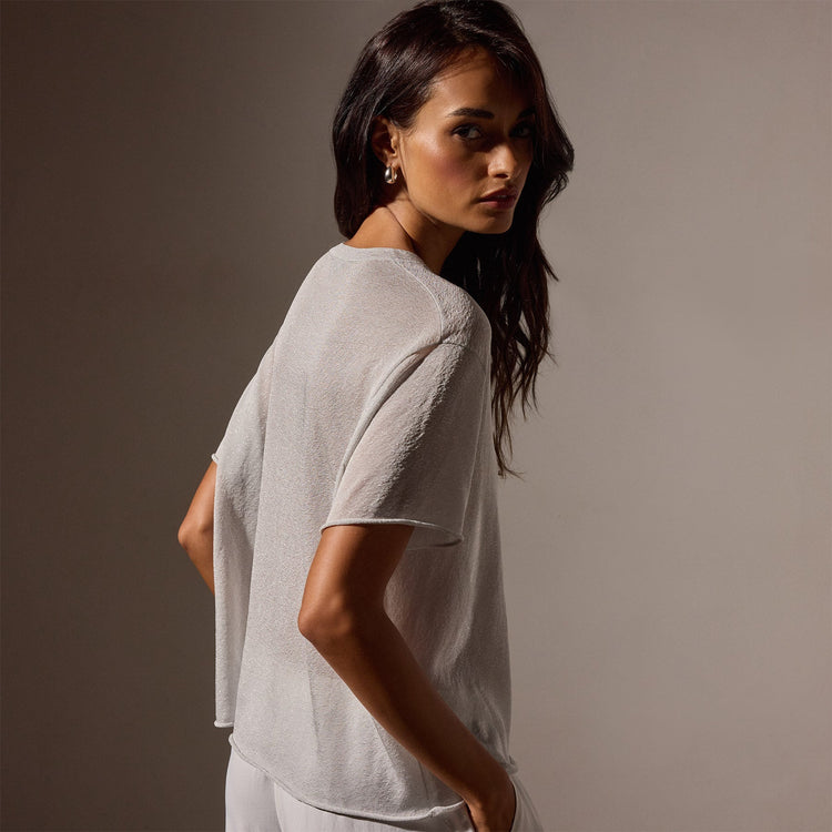 Metallic Knit Short Sleeve Crew in Silver | James Perse Los Angeles