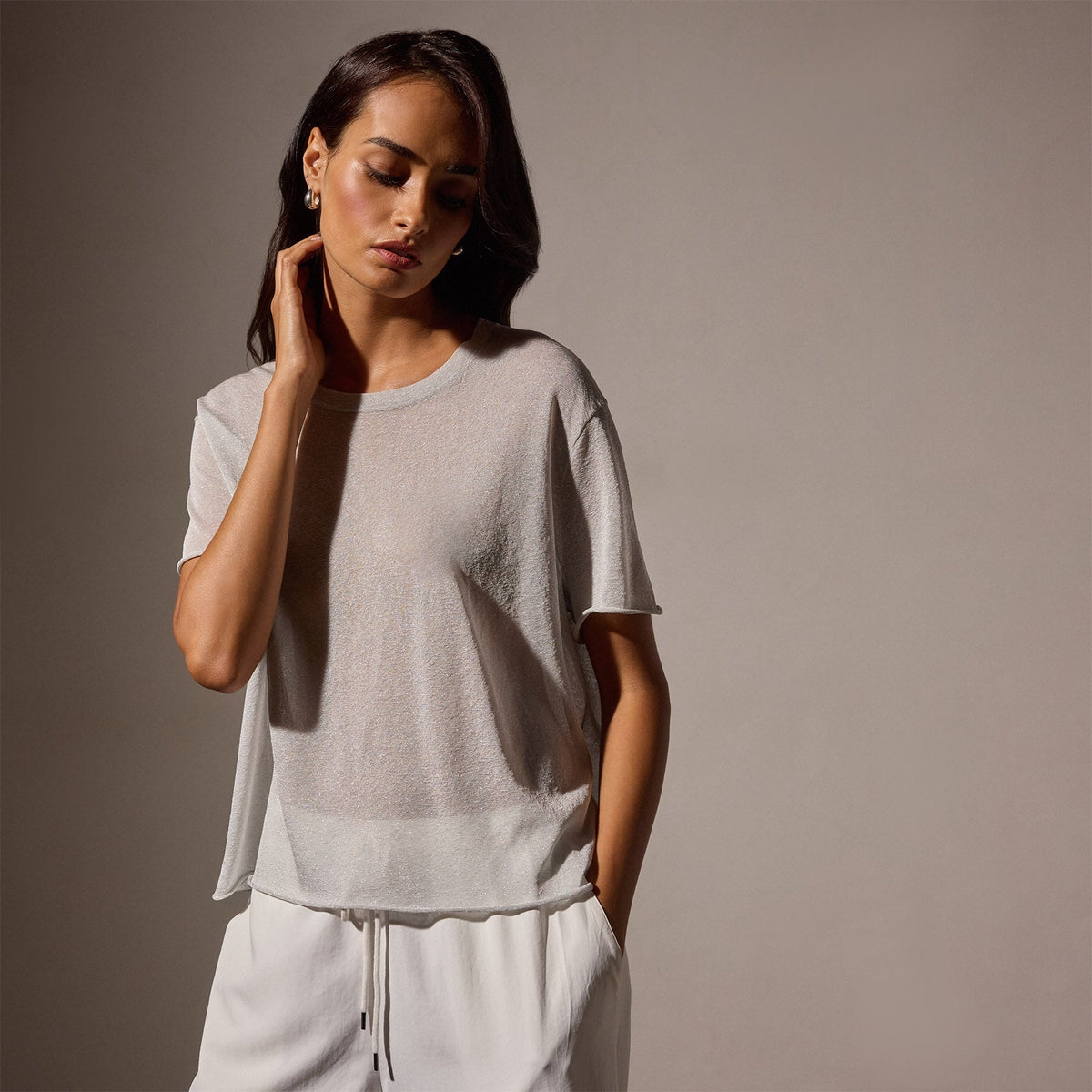 Metallic Knit Short Sleeve Crew in Silver | James Perse Los Angeles