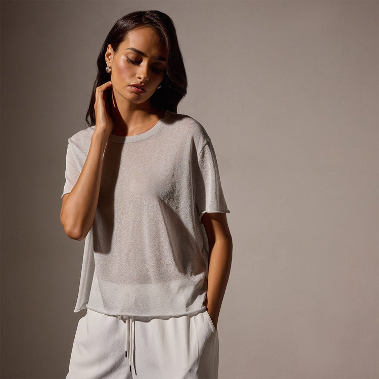 Metallic Knit Short Sleeve Crew in Silver | James Perse Los Angeles