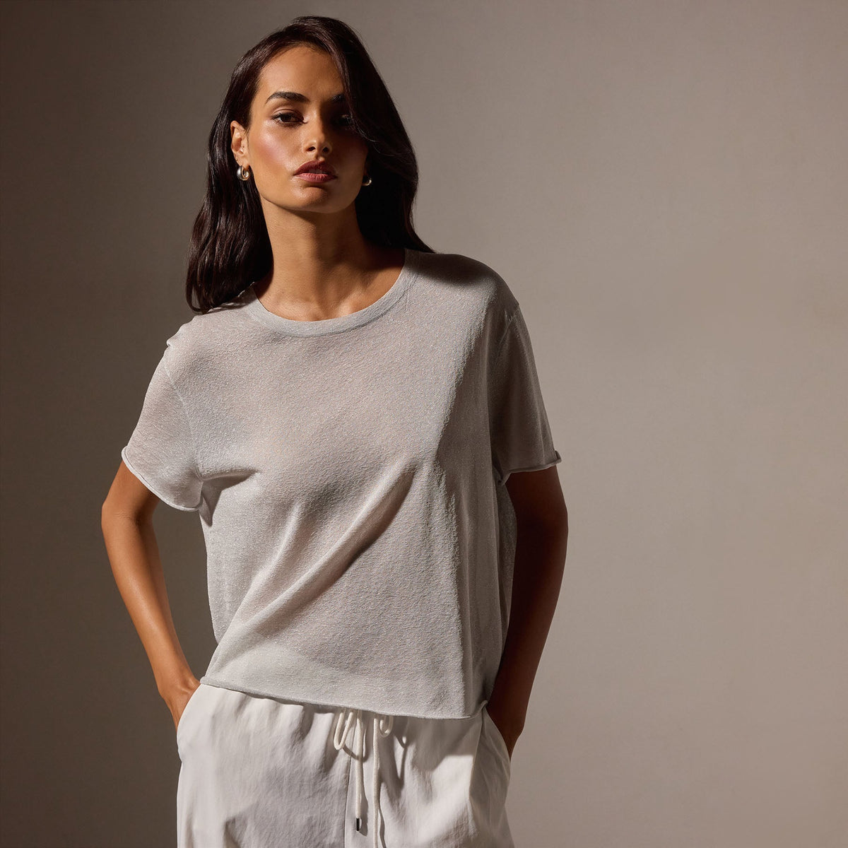 Metallic Knit Short Sleeve Crew in Silver | James Perse Los Angeles