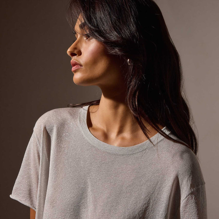 Metallic Knit Short Sleeve Crew in Silver | James Perse Los Angeles