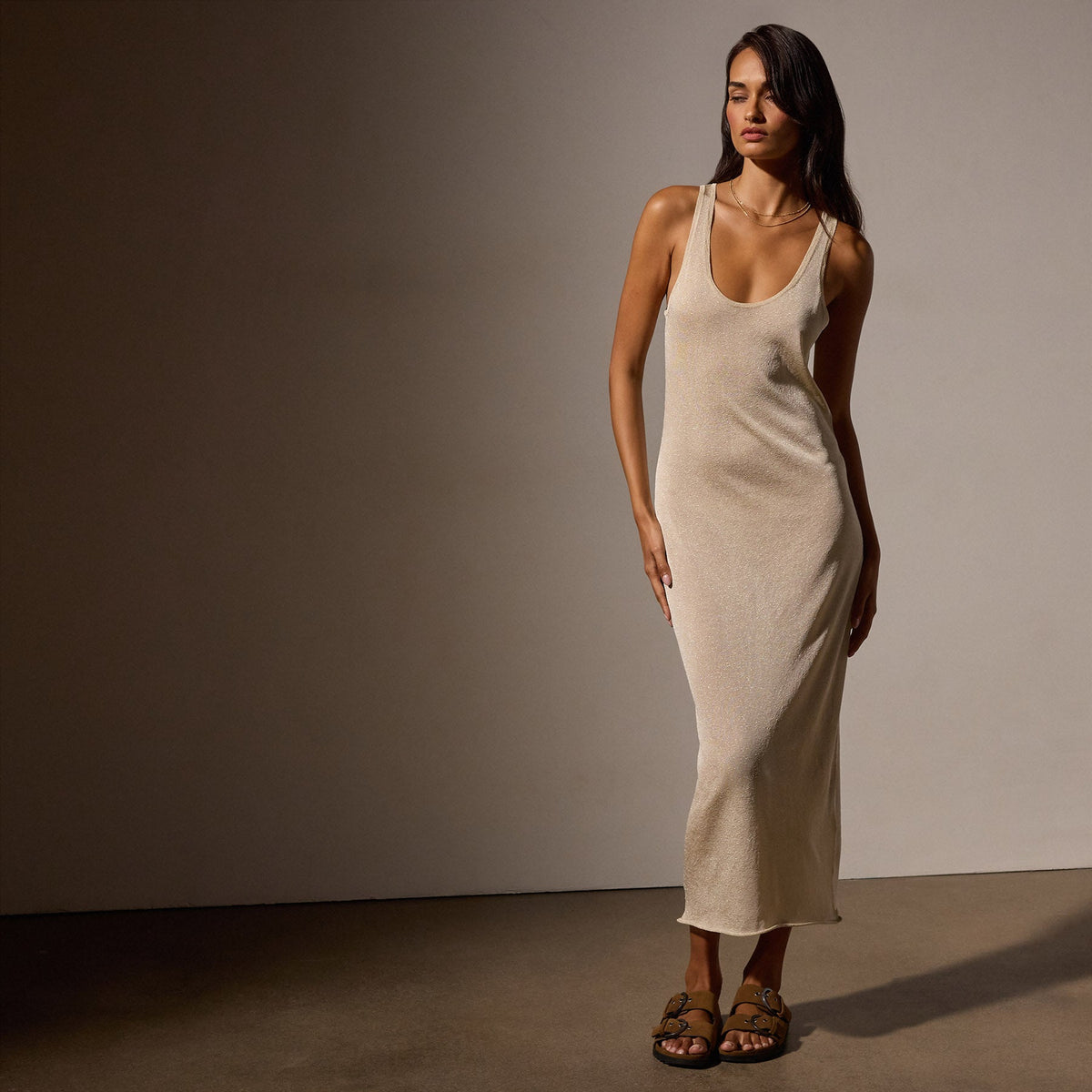 Metallic Knit Tank Dress in Gold | James Perse Los Angeles