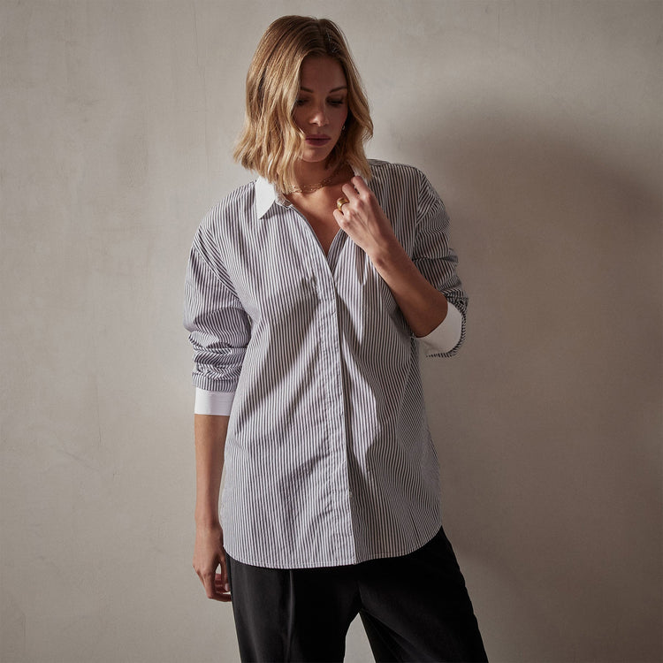 Contrast Striped Shirt in Graphite Stripe | James Perse Los Angeles