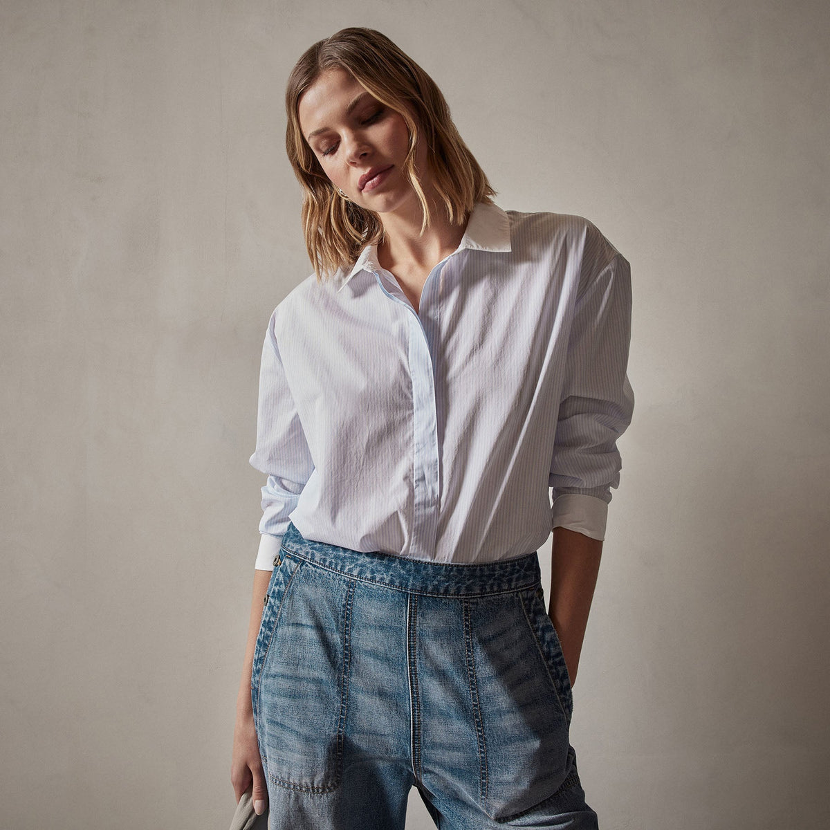 Contrast Striped Shirt in Light Blue Stripe | James Perse Los Angeles