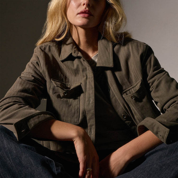 Herringbone Shirt Jacket  in Army Green | James Perse Los Angeles