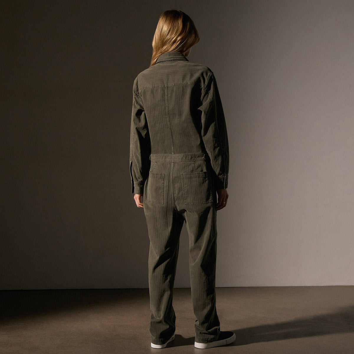 Stretch Herringbone Jumpsuit in Army Green Pigment | James Perse Los Angeles
