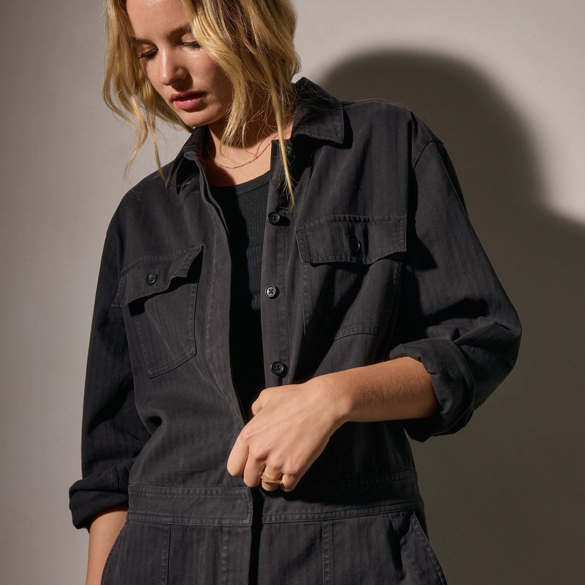 Stretch Herringbone Jumpsuit - Black