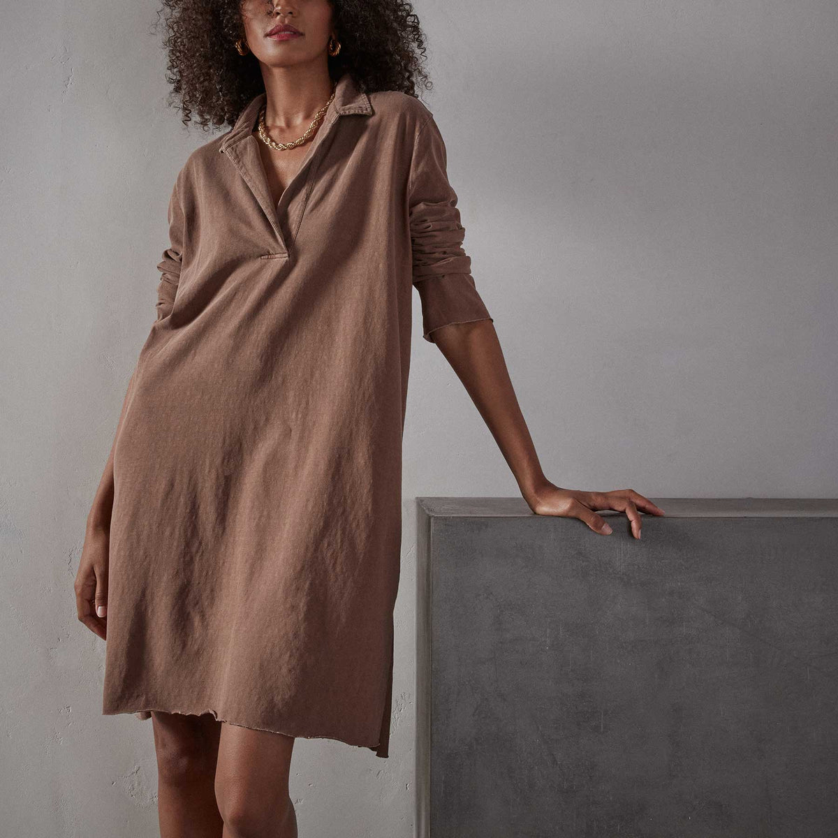 High Twist Jersey Relaxed Polo Dress in Malt Pigment | James Perse Los Angeles