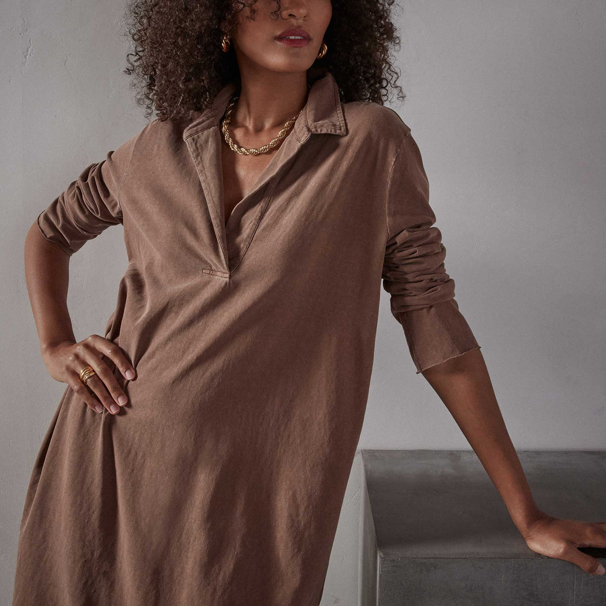 High Twist Jersey Relaxed Polo Dress in Malt Pigment | James Perse Los Angeles
