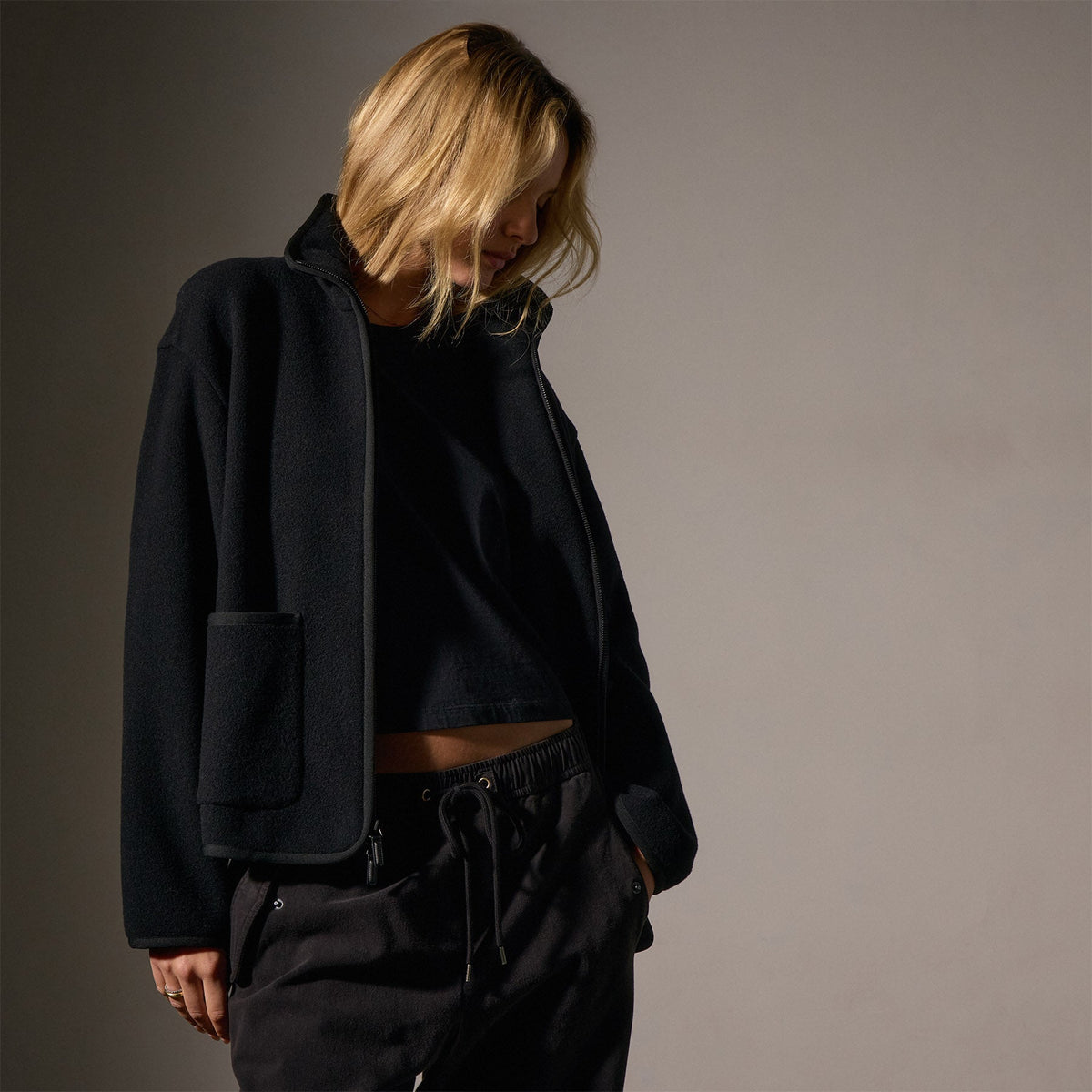 Wool Jersey Zip Up Jacket in Black | James Perse Los Angeles
