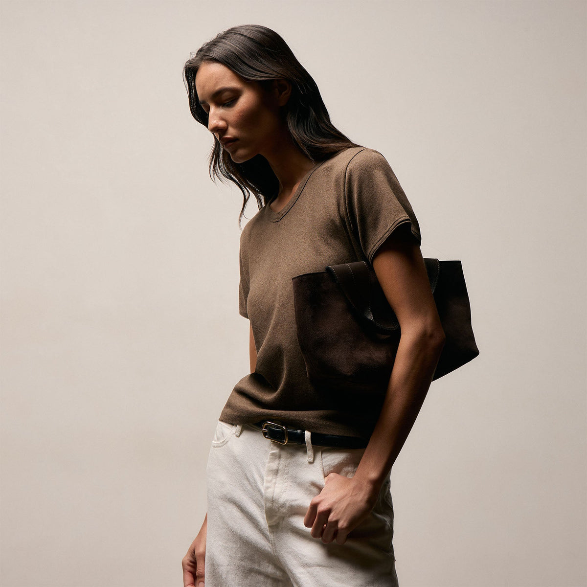 Compact Cotton Baby V Tee in Brown Melange | James Perse Los Angeles