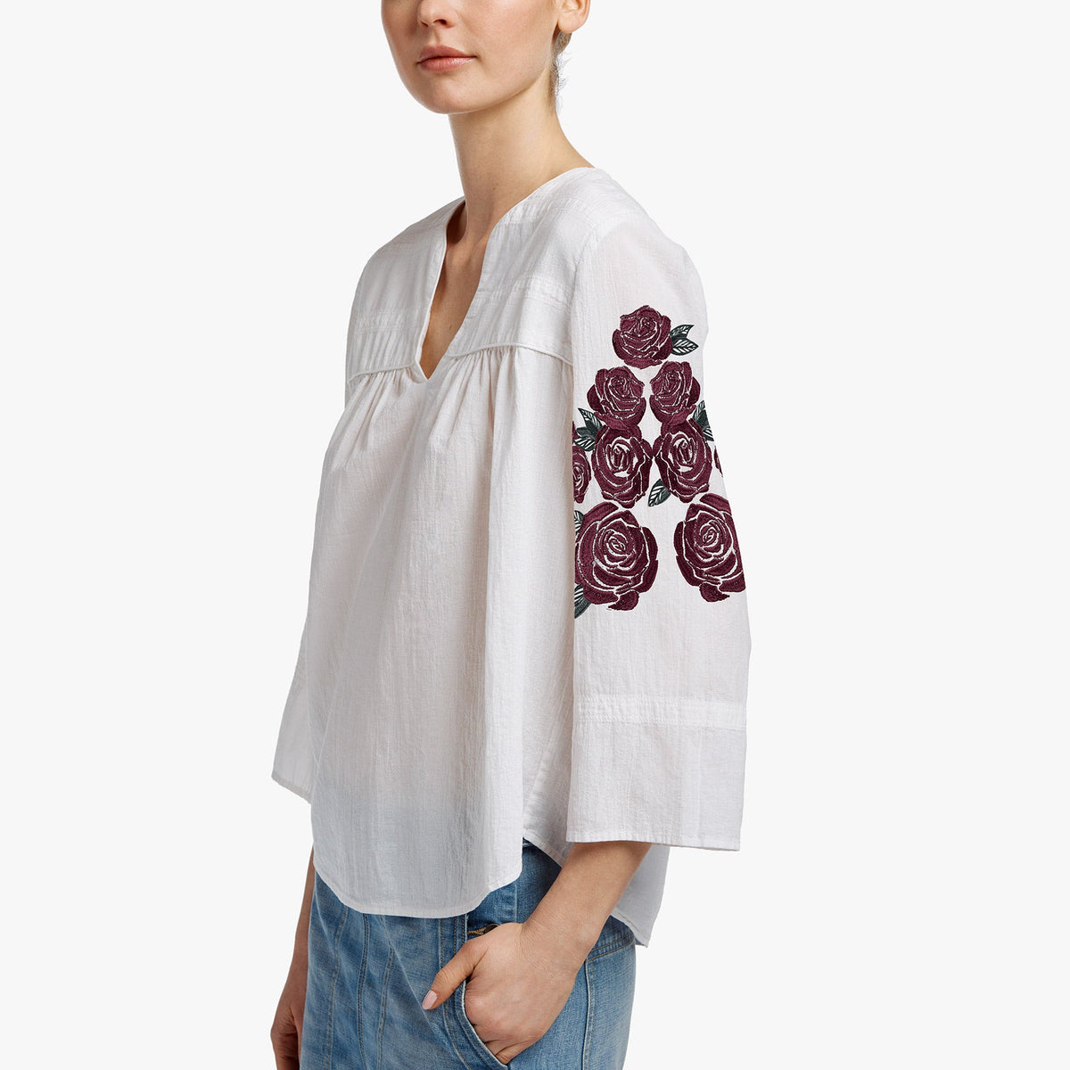 Rose Embroidered Shirt - White / Red | James Perse Los Angeles