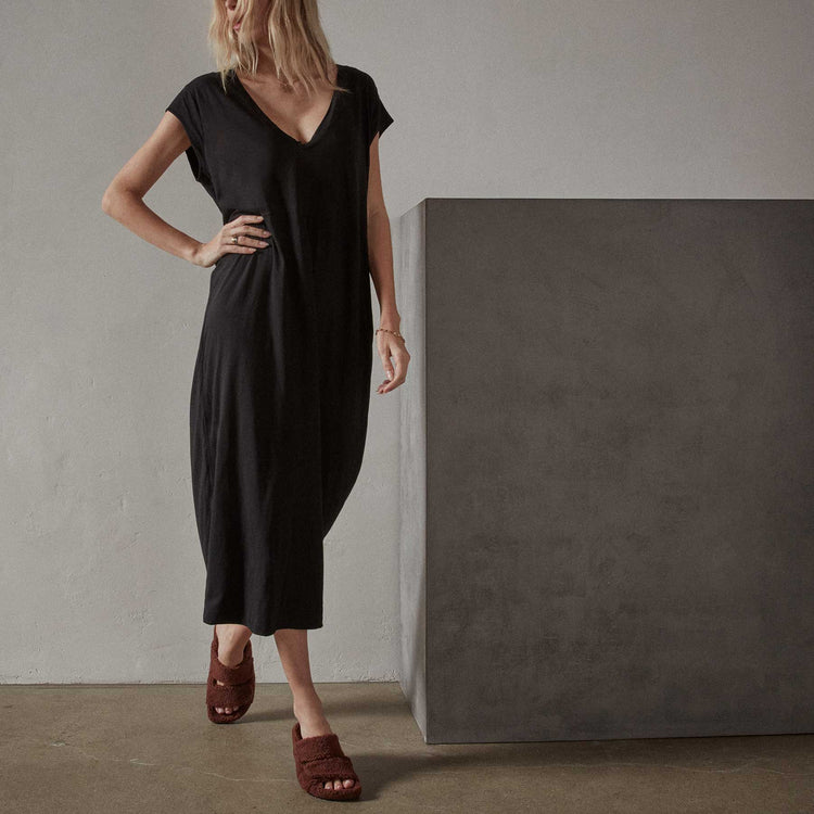 Deep V Double Layer Dress in Black | James Perse Los Angeles