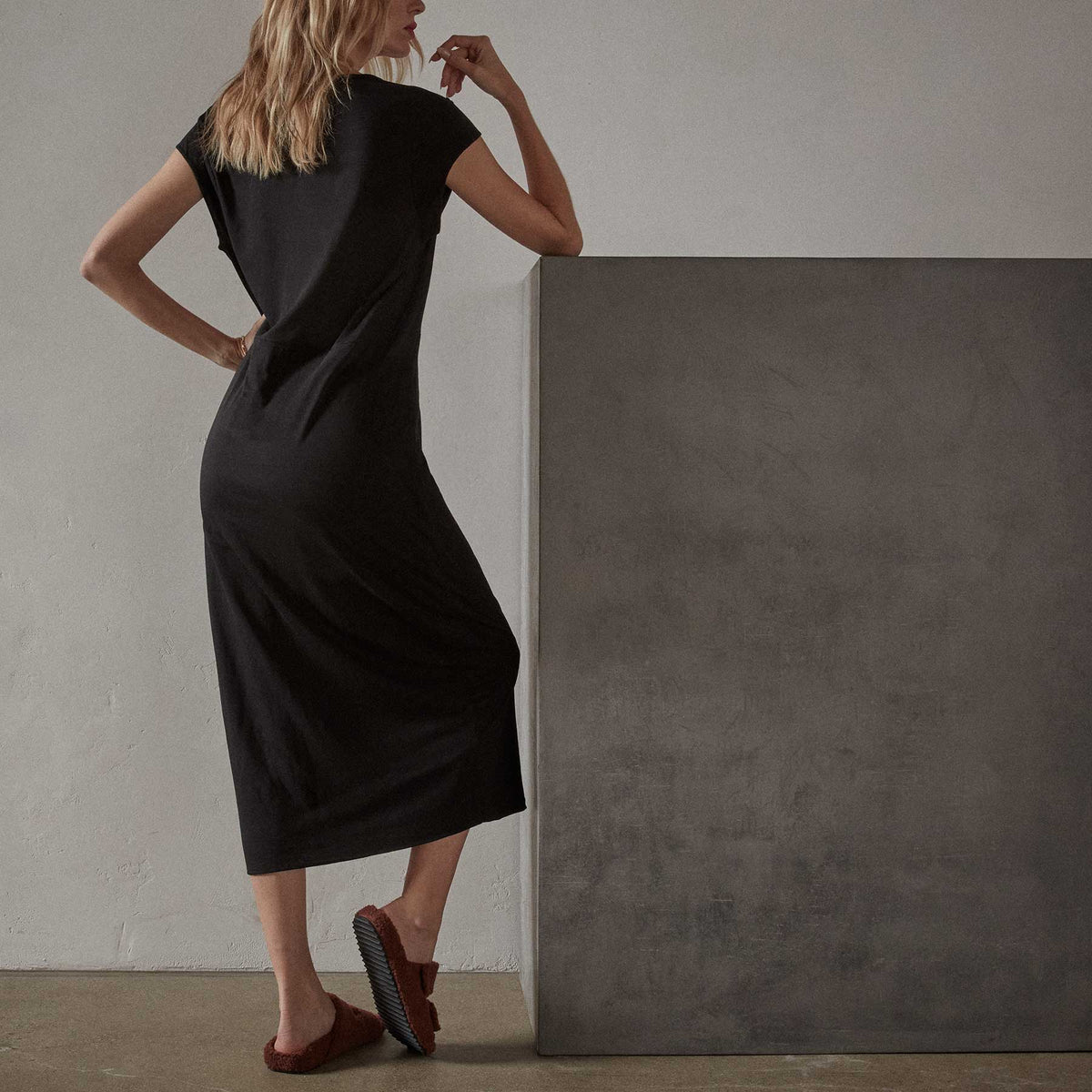 Deep V Double Layer Dress in Black | James Perse Los Angeles