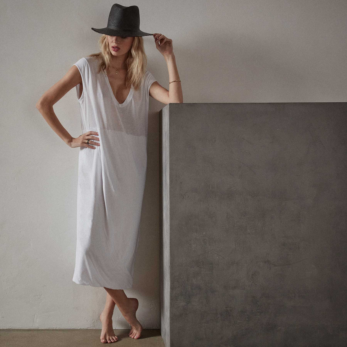 Deep V Double Layer Dress  in White | James Perse Los Angeles