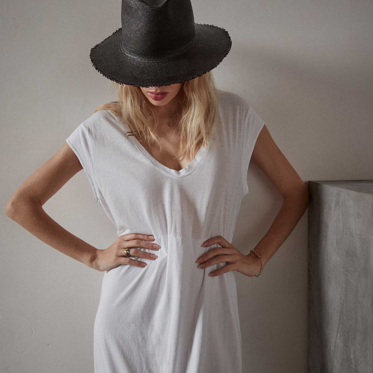 Deep V Double Layer Dress  in White | James Perse Los Angeles