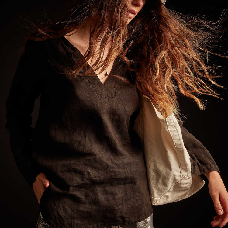 Open Collar Linen Shirt - Black | James Perse Los Angeles