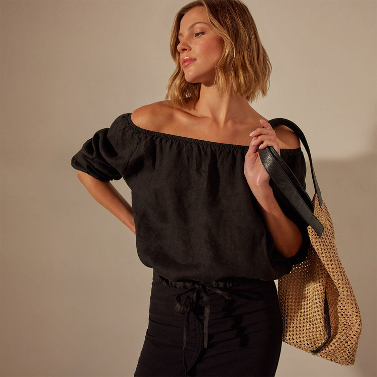 Linen Gathered Blouse in Black | James Perse Los Angeles