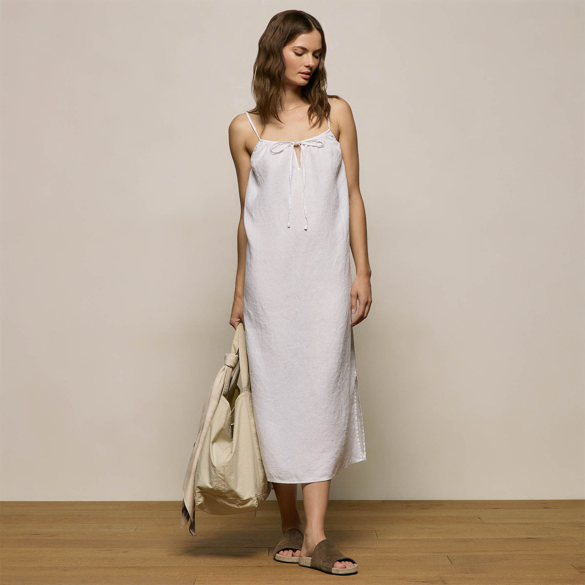 Lightweight Linen Strappy Cami Dress in White | James Perse Los Angeles