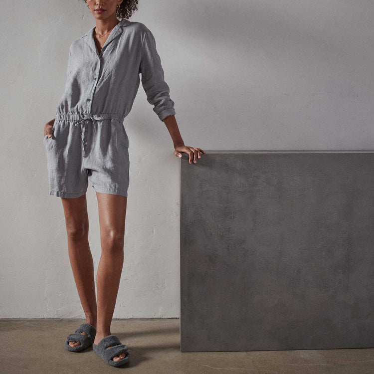 Long Sleeve Linen Shirt Romper - Breeze Pigment | James Perse Los Angeles