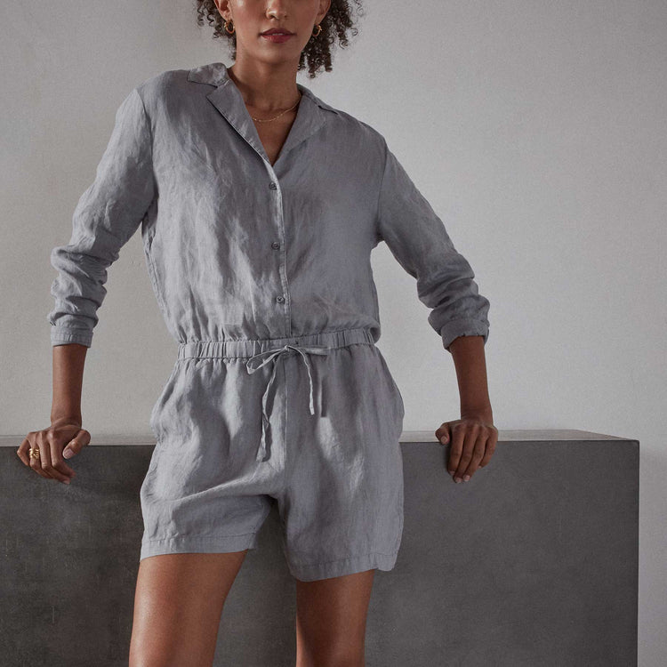 Long Sleeve Linen Shirt Romper - Breeze Pigment | James Perse Los Angeles