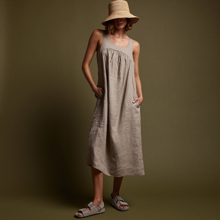 Gathered Linen Dress in Mineral Pigment | James Perse Los Angeles