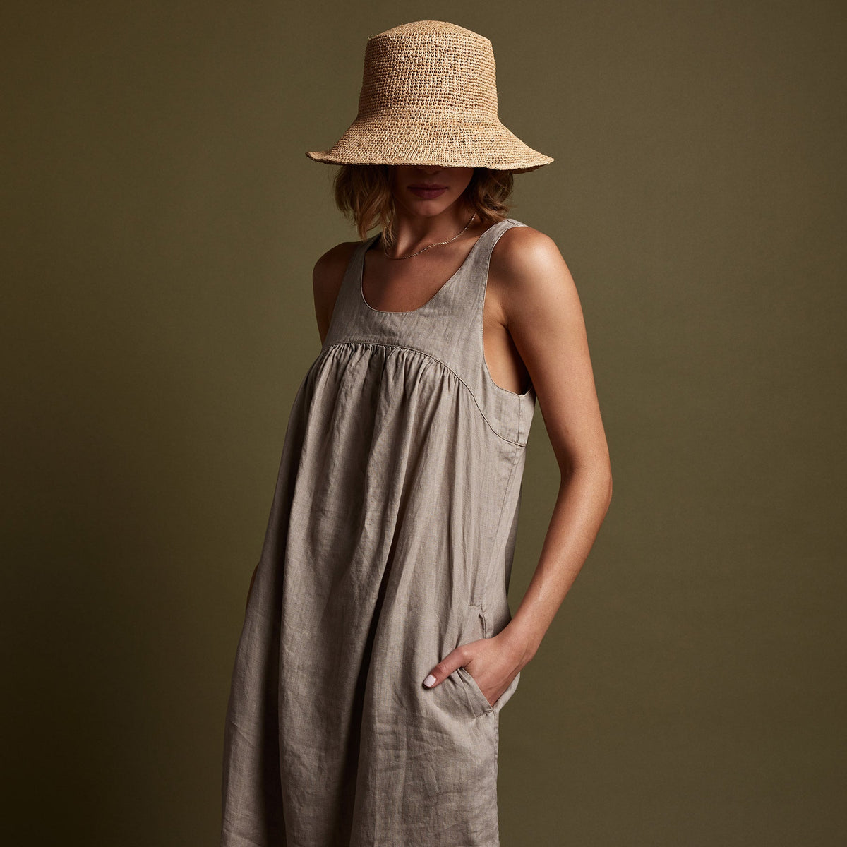 Gathered Linen Dress in Mineral Pigment | James Perse Los Angeles