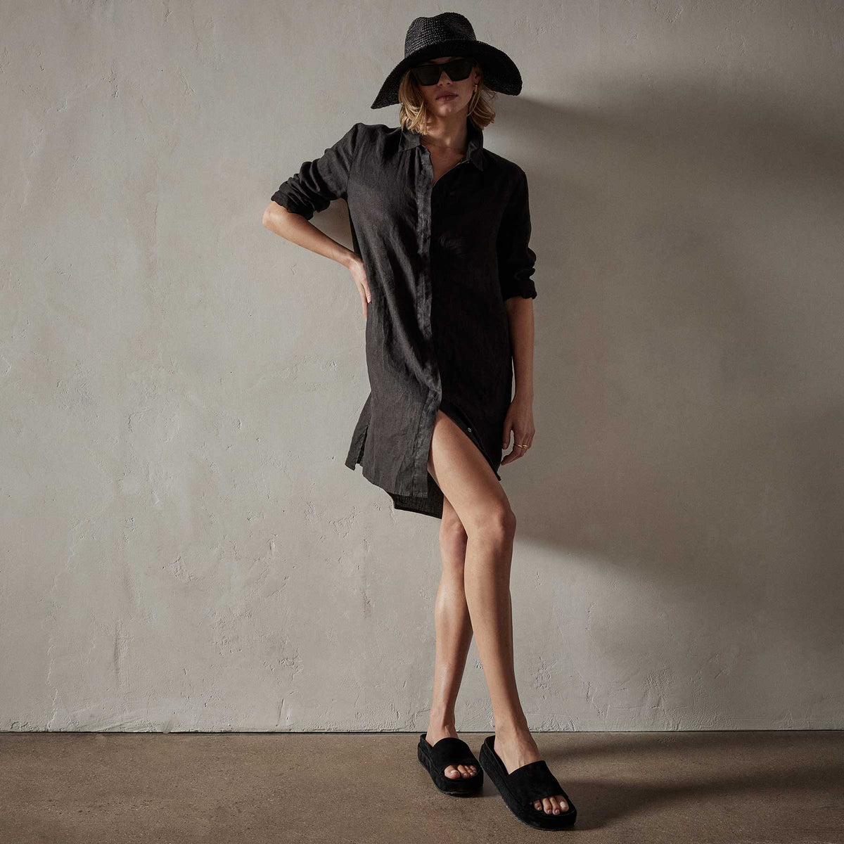 Lightweight Linen Shirt Dress in Black | James Perse Los Angeles