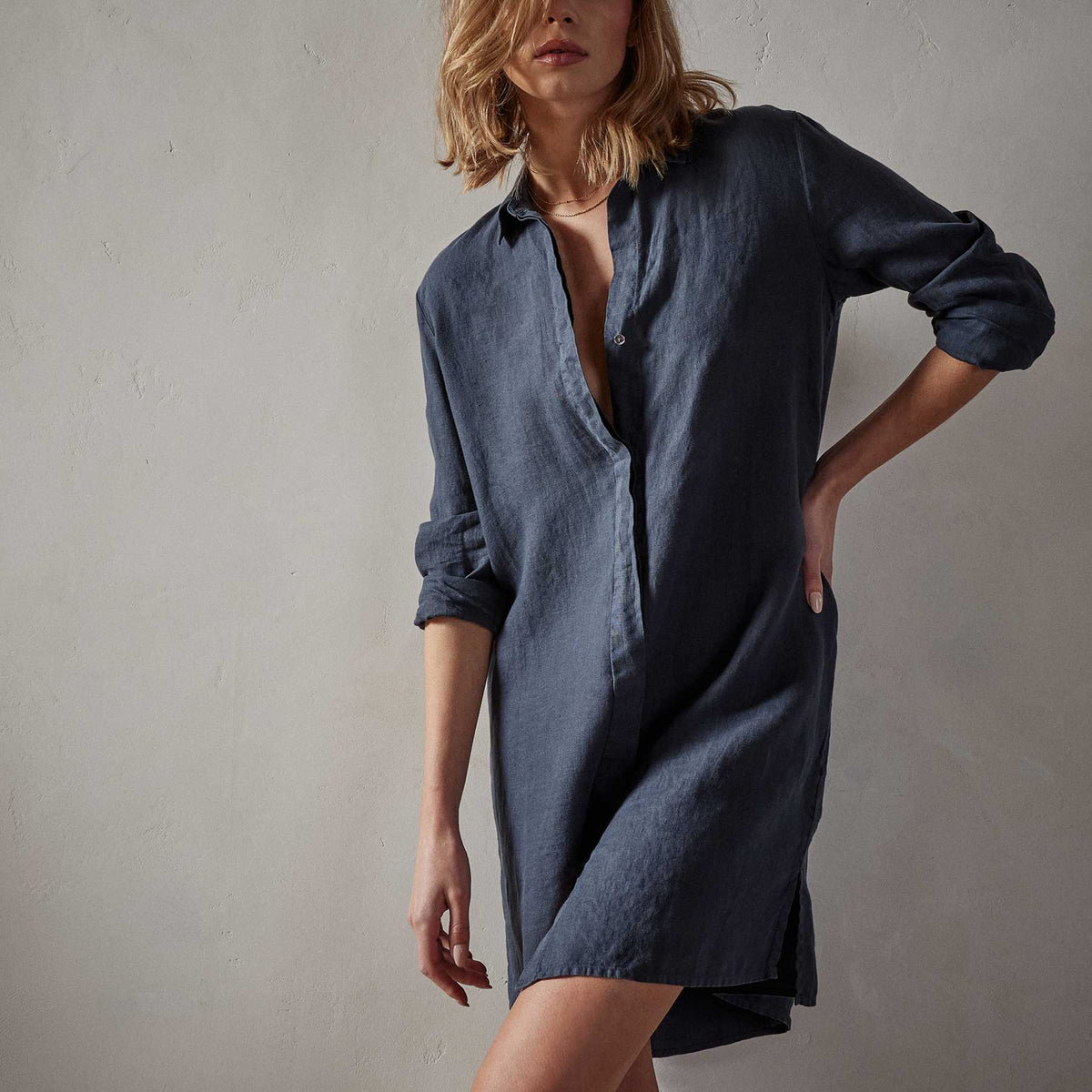 Lightweight Linen Shirt Dress in Blue Oil | James Perse Los Angeles