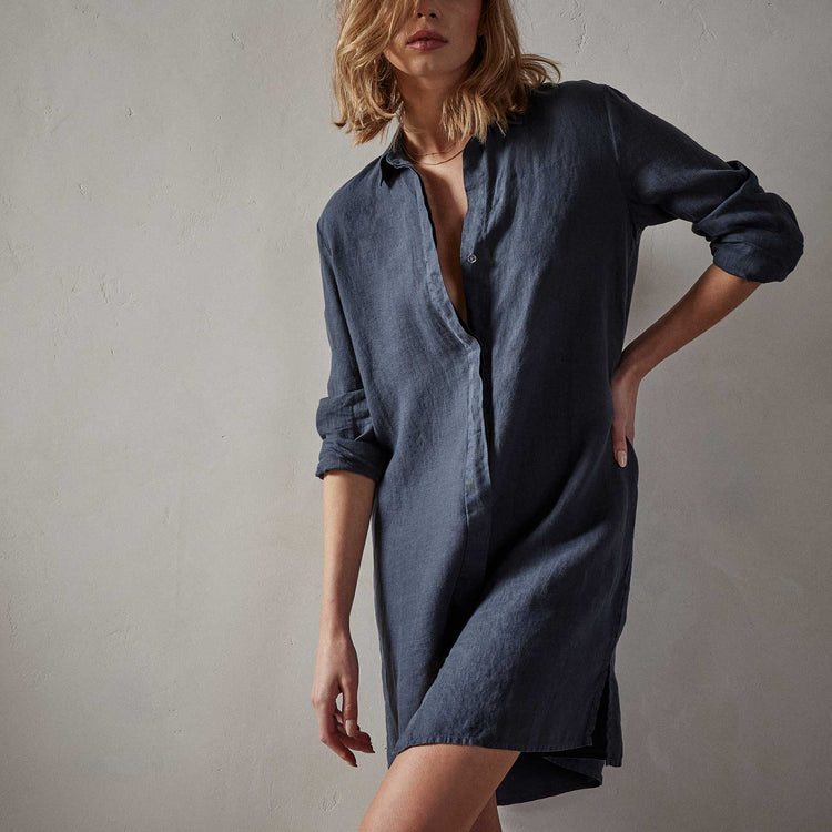 Lightweight Linen Shirt Dress in Blue Oil | James Perse Los Angeles