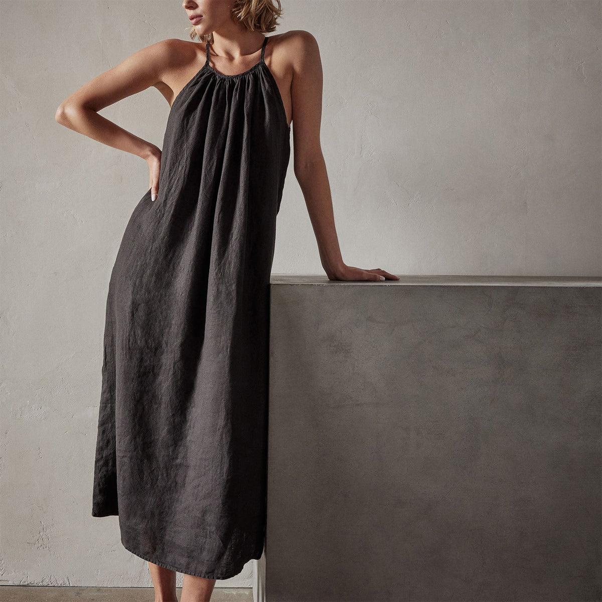 Garment Dye Gathered Dress in Black | James Perse Los Angeles