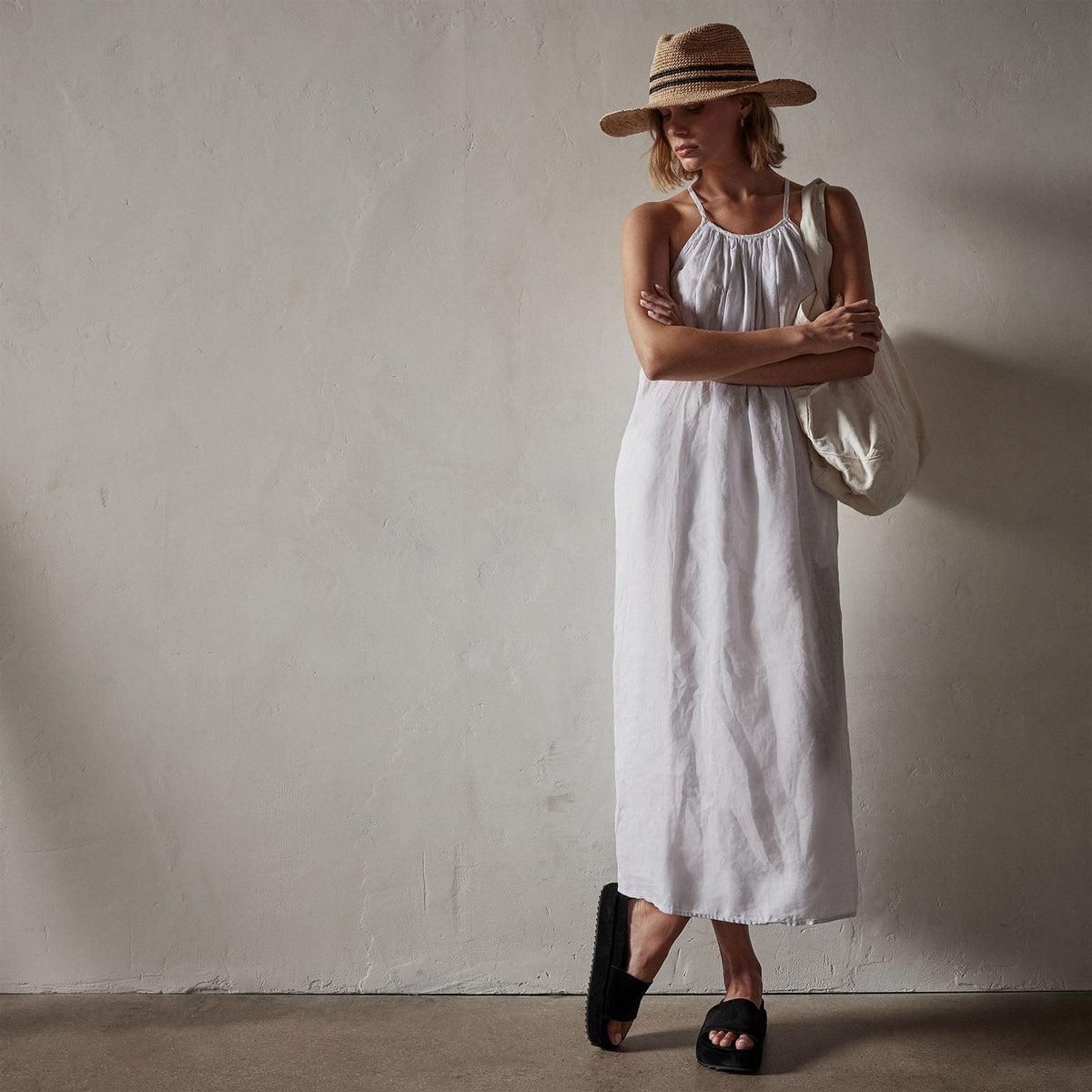 Garment Dye Gathered Dress in White | James Perse Los Angeles