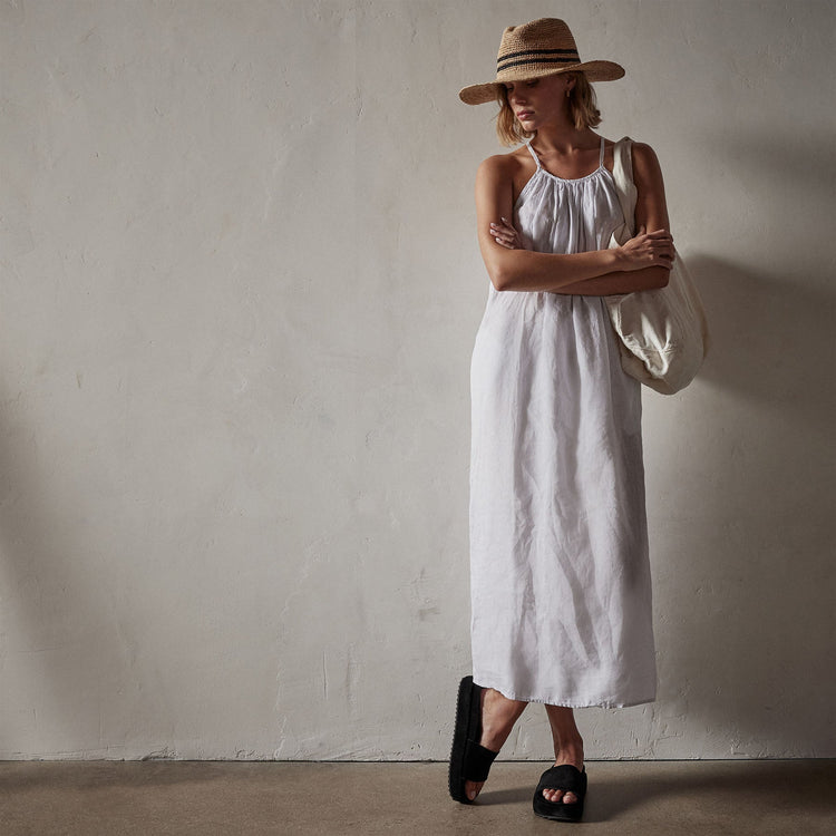 Garment Dye Gathered Dress in White | James Perse Los Angeles